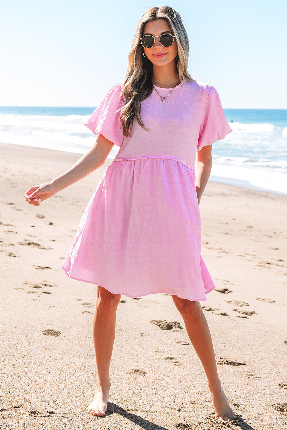 Pink Textured Bubble Sleeve High Waist Mini Dress