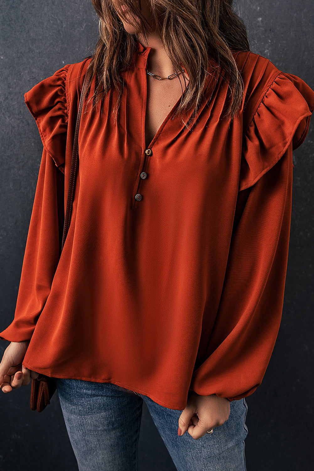 Women's Button-Front V Neck Ruffle-Trimmed Pleat-Detail Blouse
