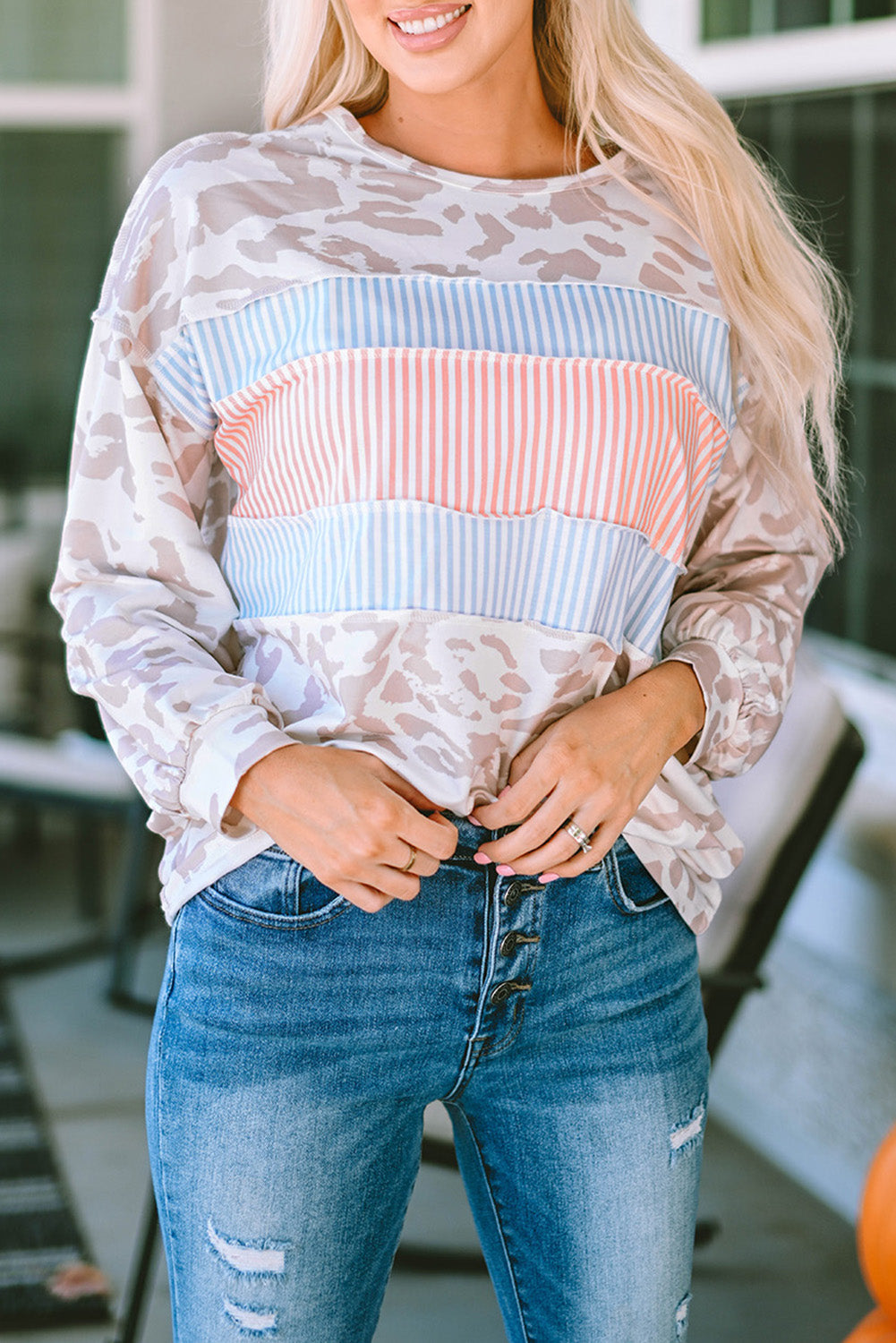Knit Top for Women Balloon Sleeve Contrast Stripes
