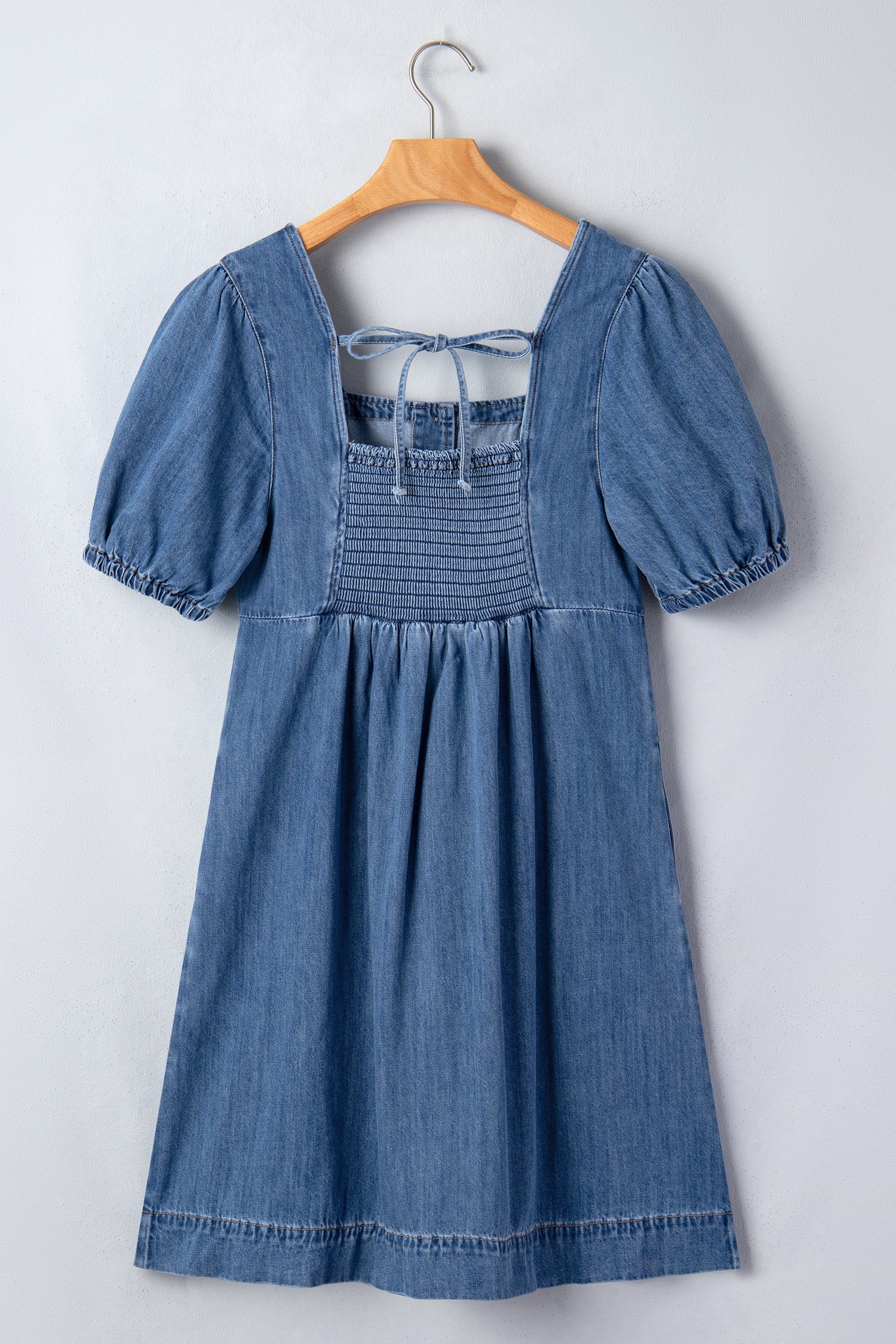 Button Short Square Neck Puff Sleeve Denim Mini Dress in Blue