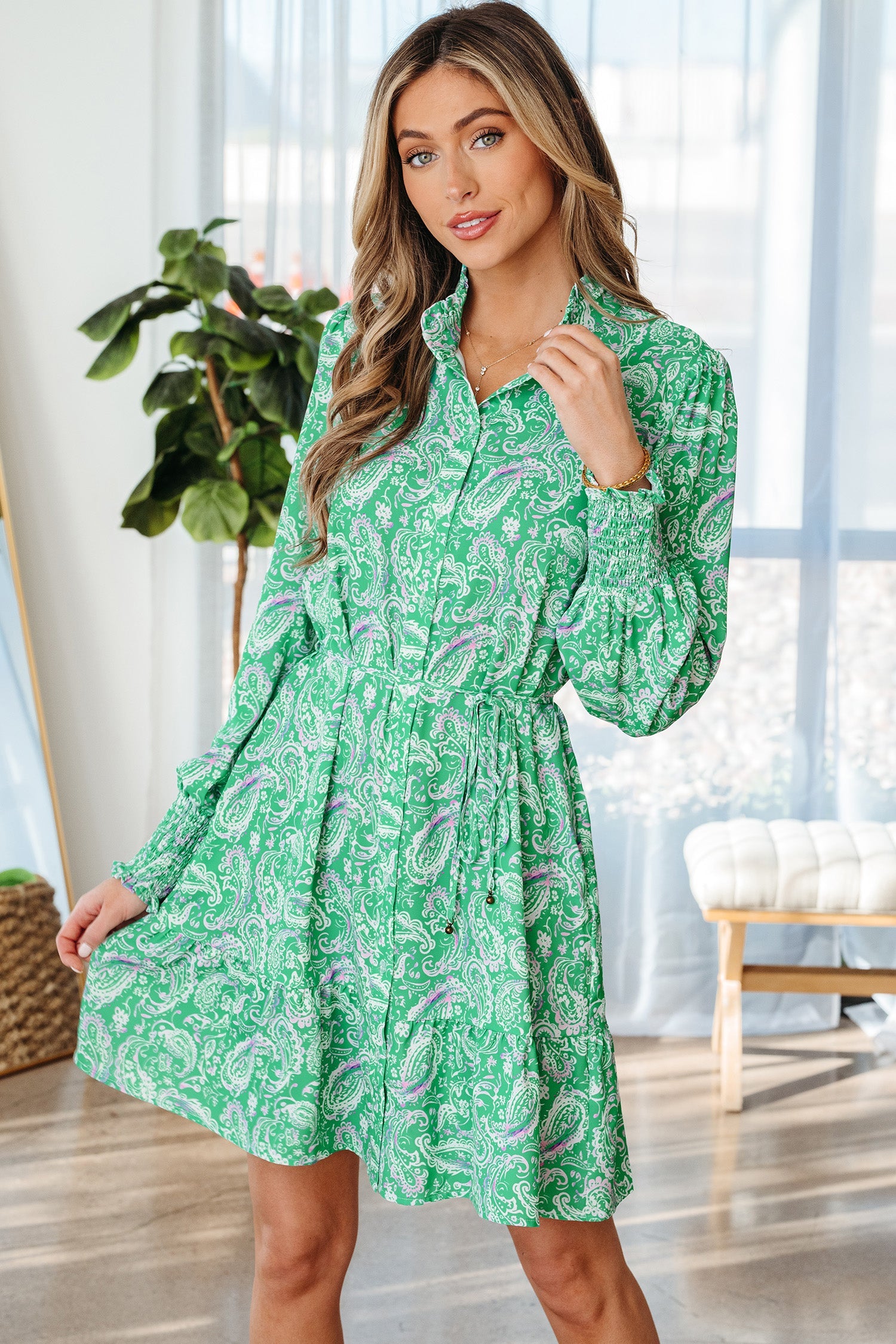 Paisley Mini Print Long-Sleeved Dress in Green