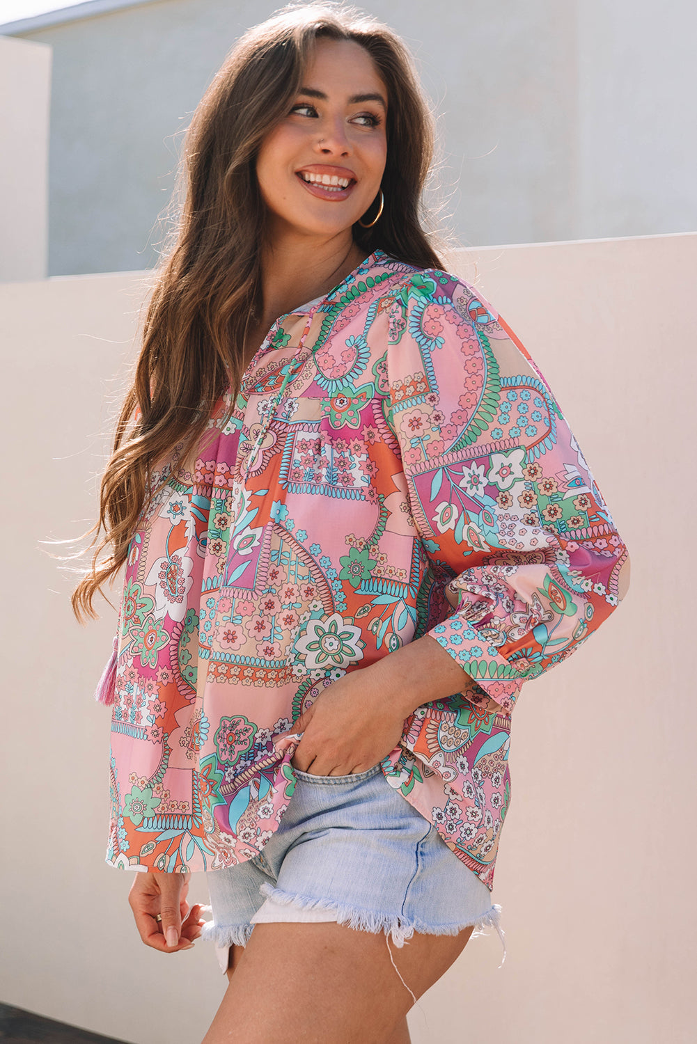 Floral Bubble Boho Bubble Sleeve Tassel Tied Neck Pleated Blouse