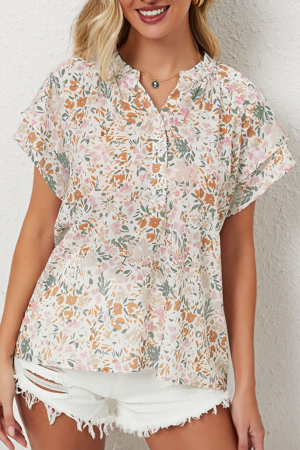 Women's Top with Multicolor Floral-Print Mandarin Collar