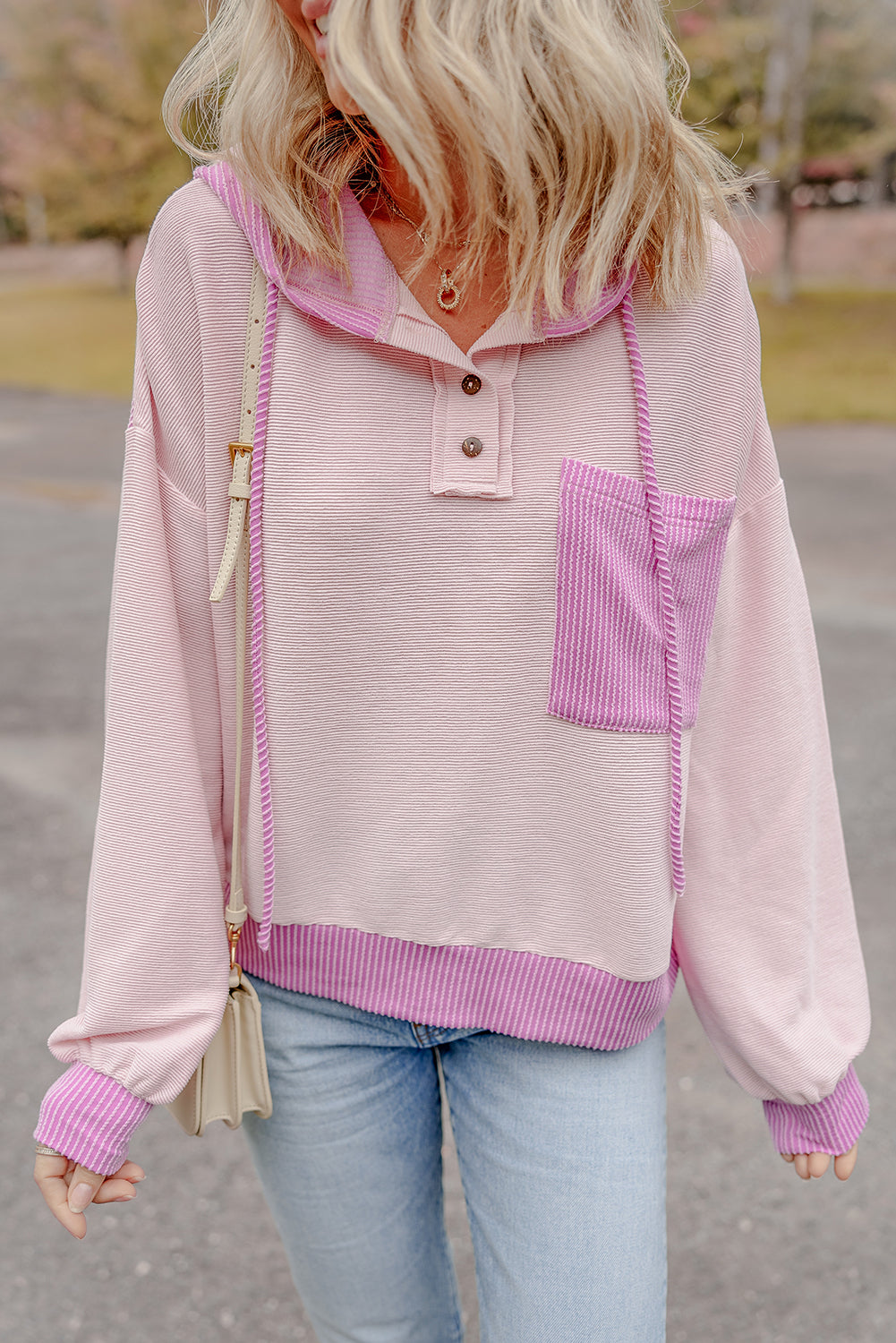 Corded Colorblock Patch Pocket Drawstring Hooded Top