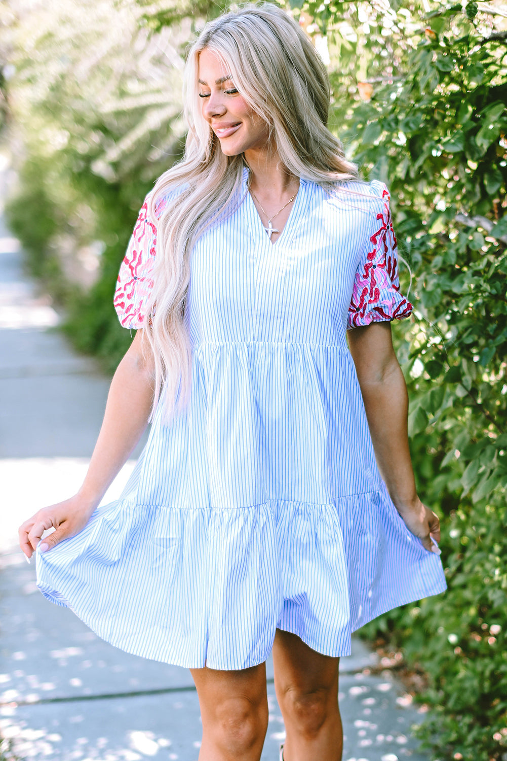 Women's Dress Featuring Balloon Sleeve Layered Ruffle-Trimmed Floral-Print