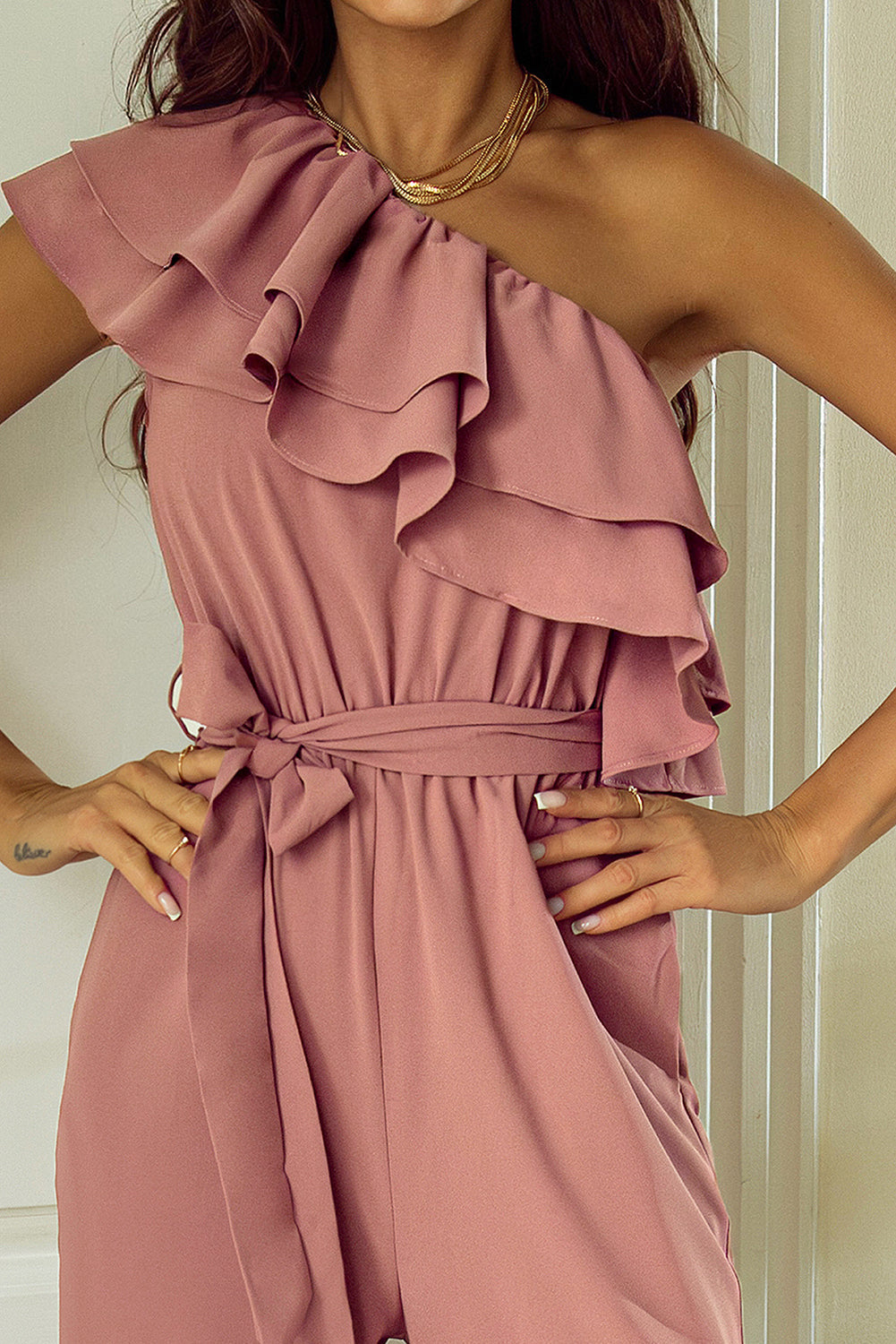 Jumpsuit for Women One Shoulder Ruffle-Trimmed Trim Belted