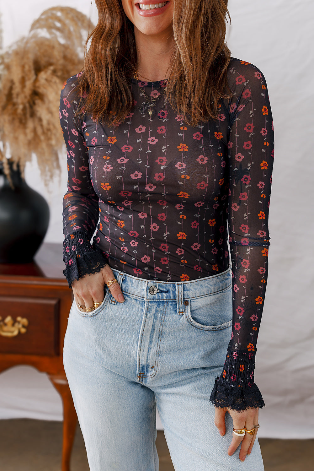 Smocked Cuff Floral-Print Cuff Slim Fit Mesh Bodysuit