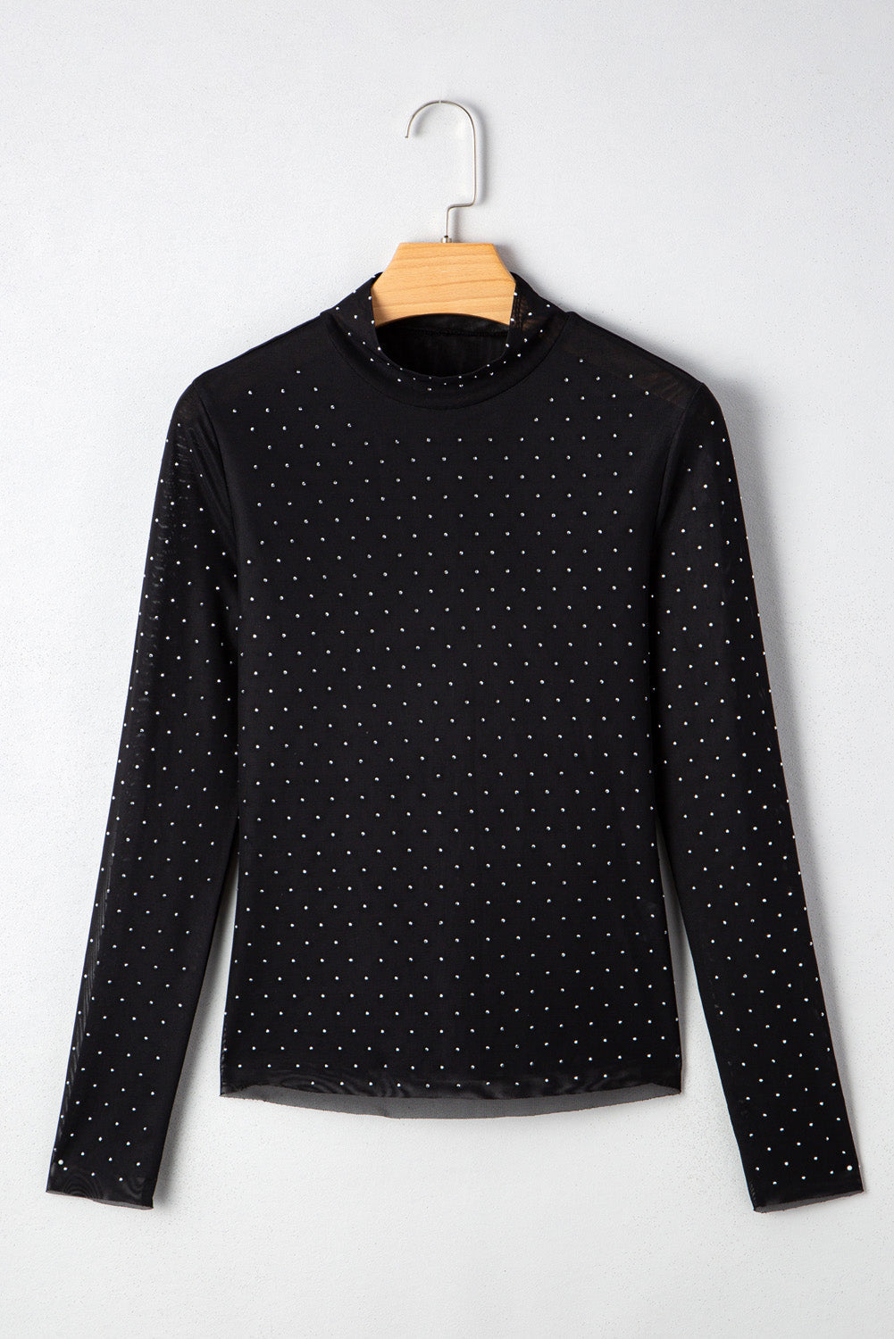 Rhinestone Embellished Mesh Long-Sleeved Top