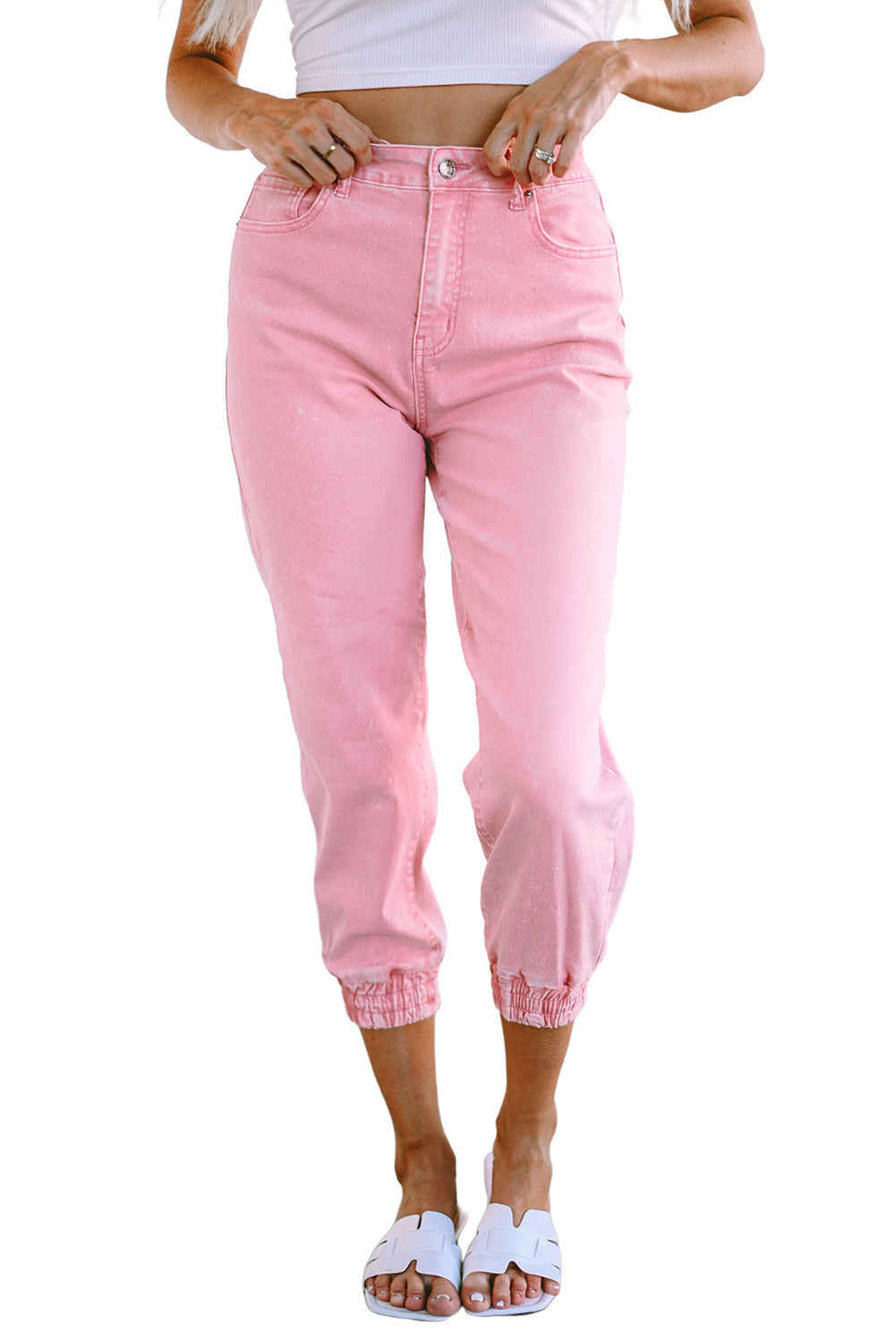 Women's Jeans with Acid Wash Elastic Cuffed High-Rise