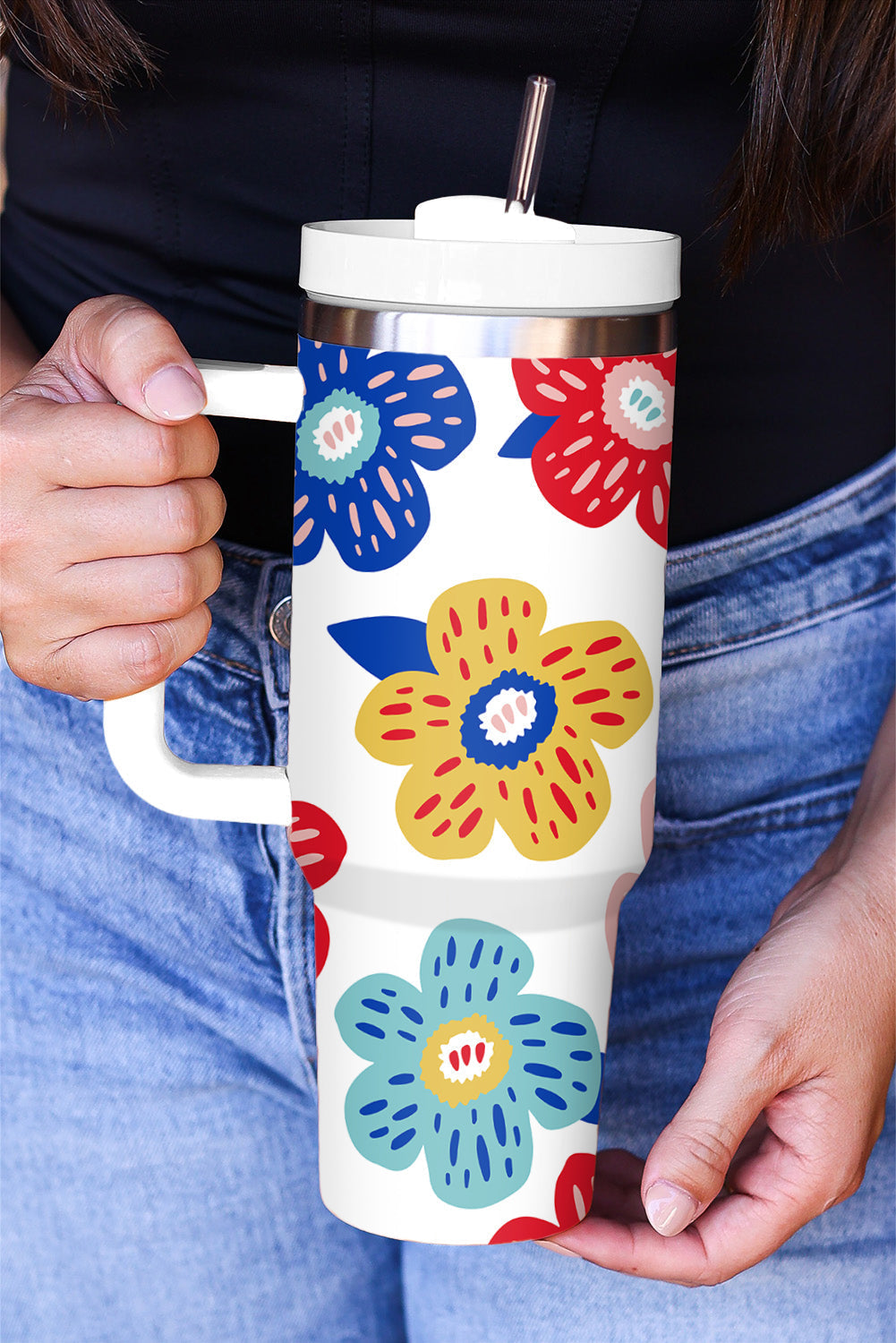 Pattern Stainless Flower Stainless Vacuum Cup with Handle 40oz