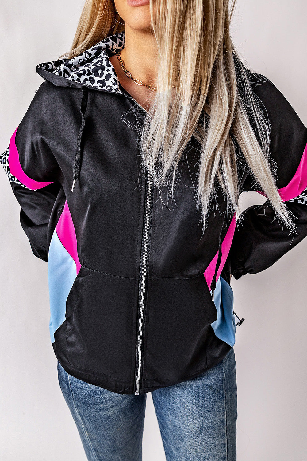 Women's Jacket with Color-Block Pockets Black Zip-Front Hooded Leopard-Print