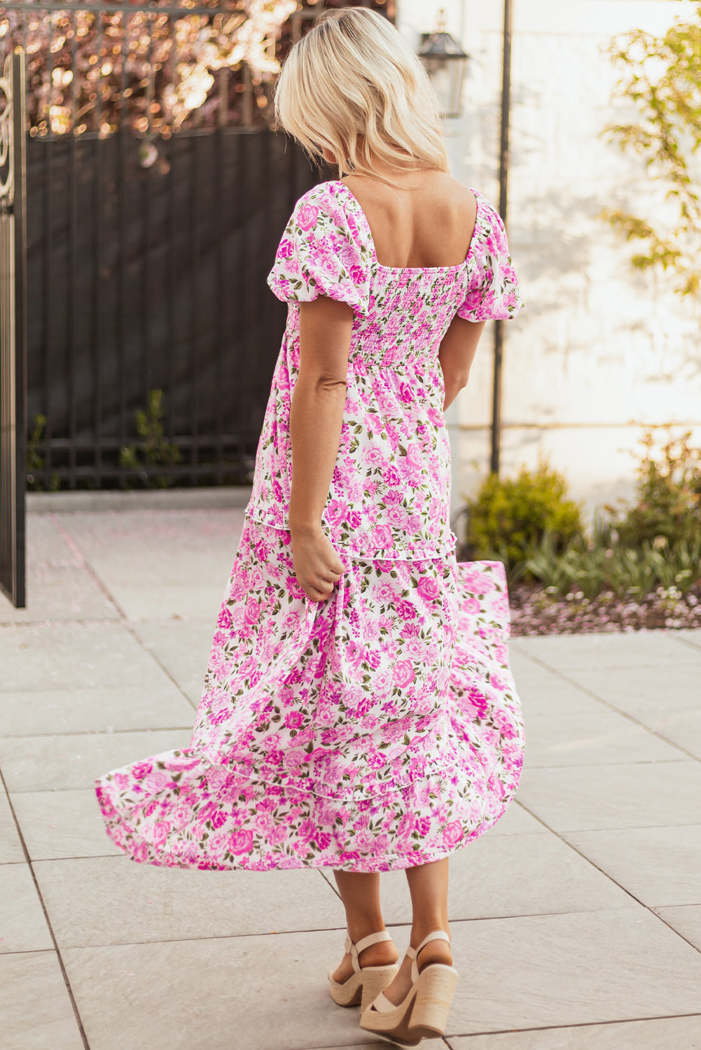 Smocked Dainty Floral Puff Sleeve Flowy Long Dress