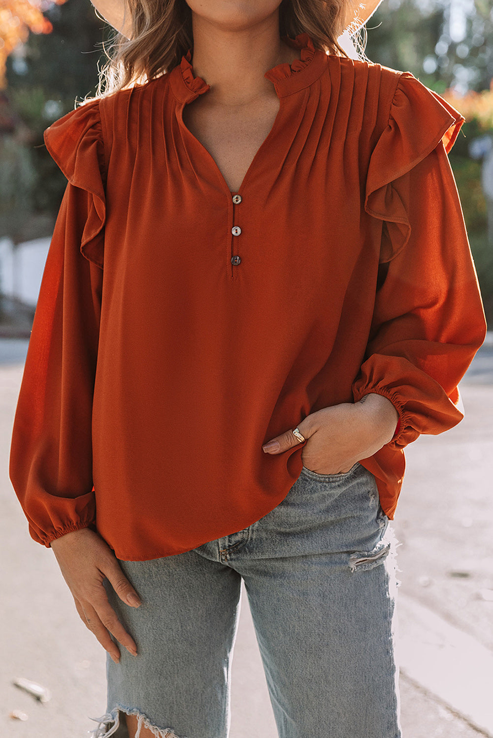 Women's Button-Front V Neck Ruffle-Trimmed Pleat-Detail Blouse