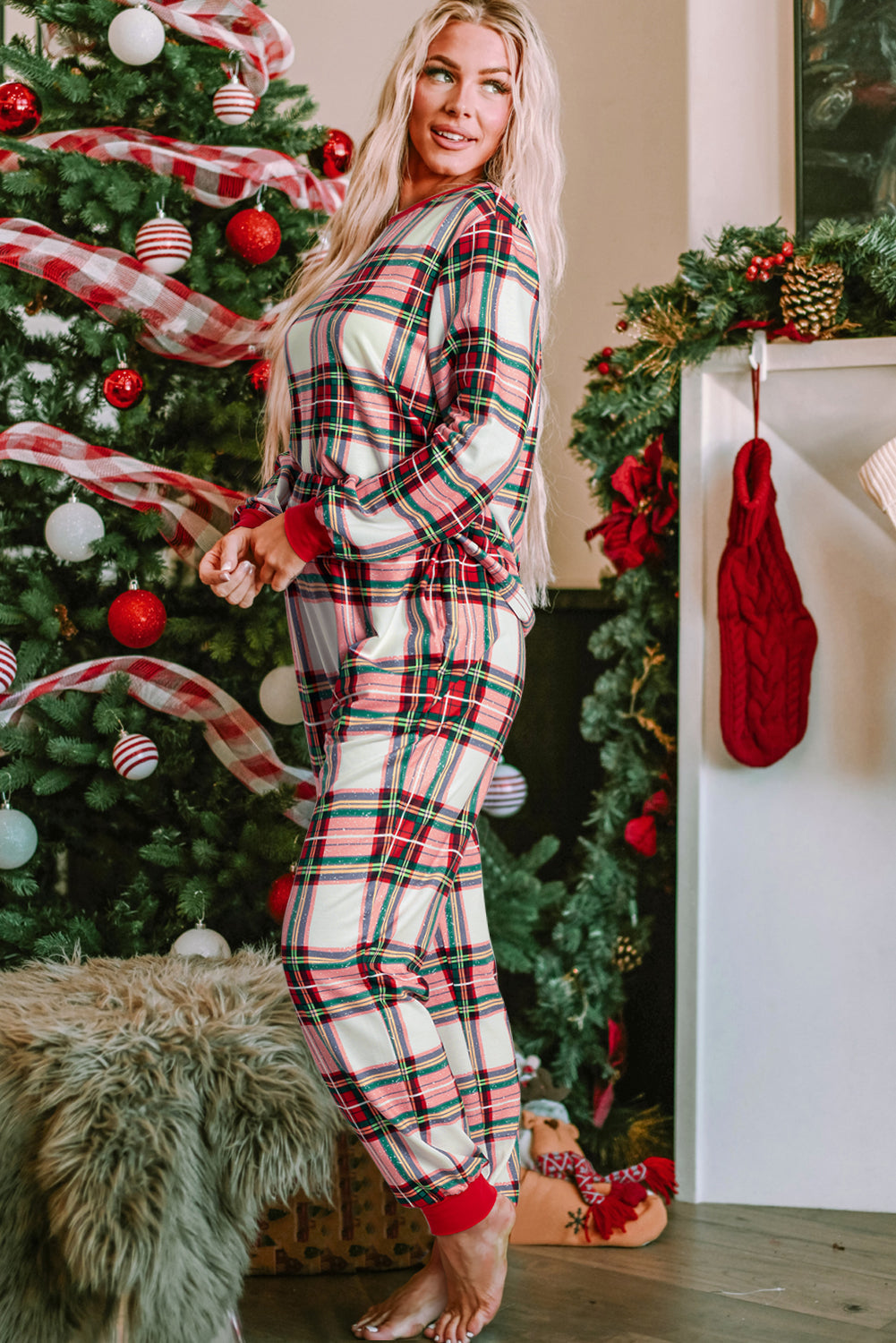 Christmas Top Plaid Allover and Pants Lounge Set