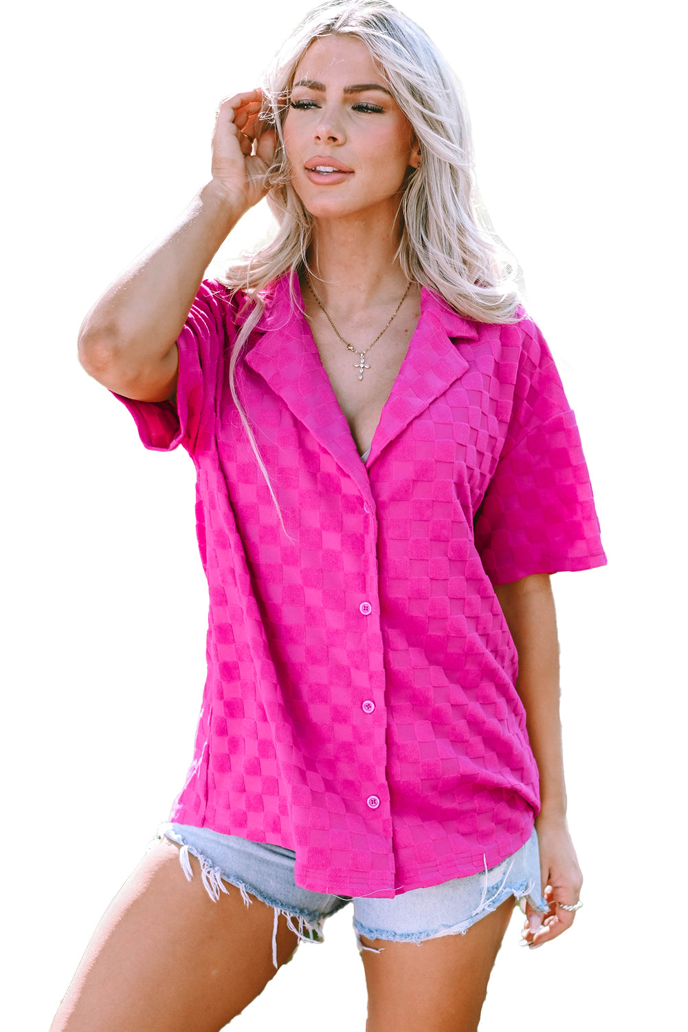Women's Shirt Featuring Short-Sleeve Lapel Textured
