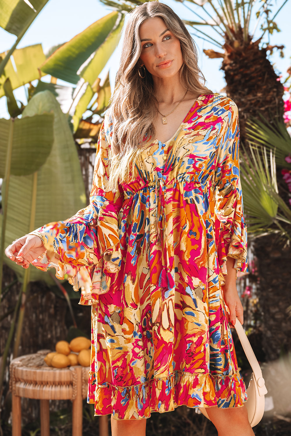 Plant Print Flared Sleeve Ruffled Hem Tunic Flowy Dress