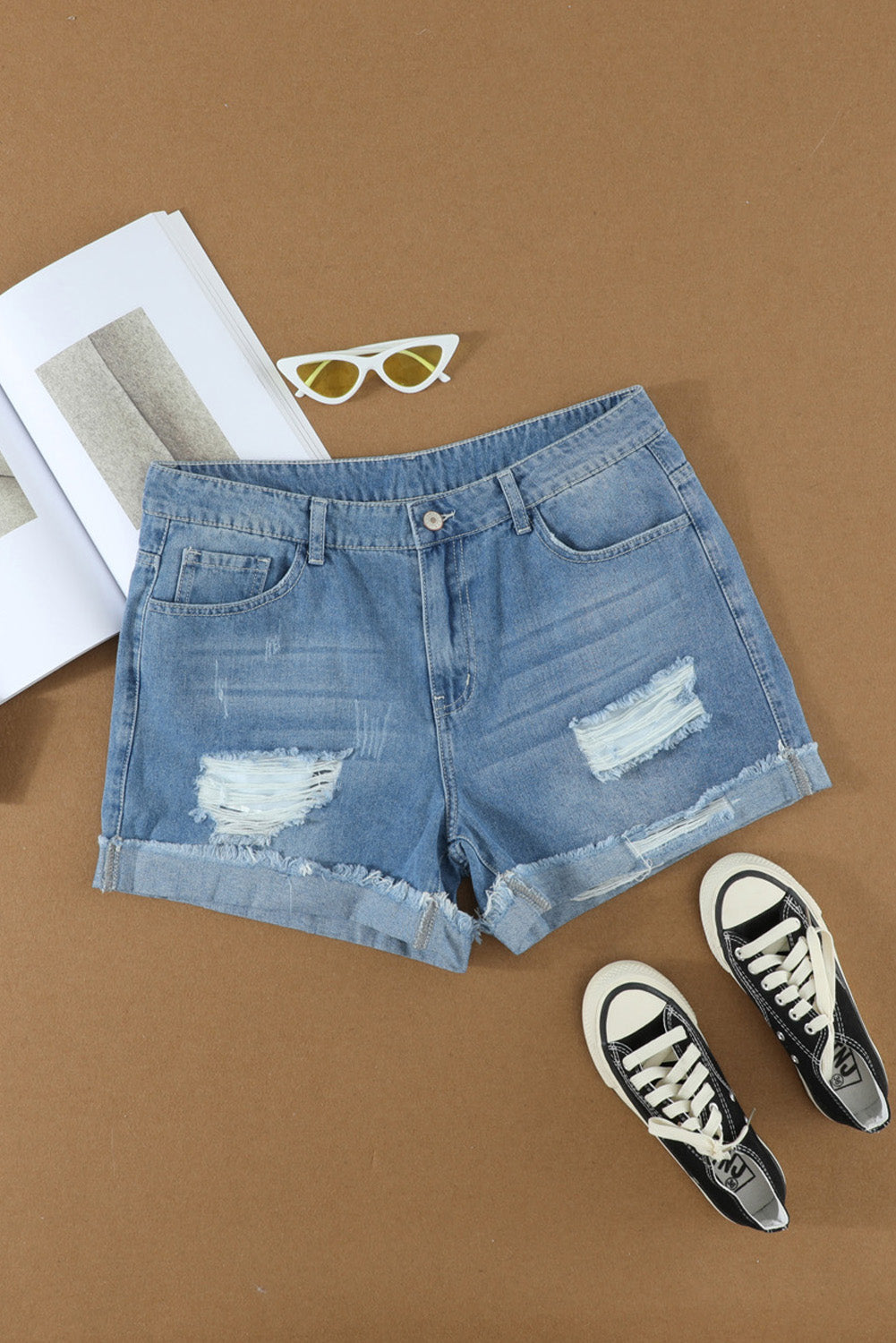 Women's Shorts with Distressed Ripped Rolled Hem Denim
