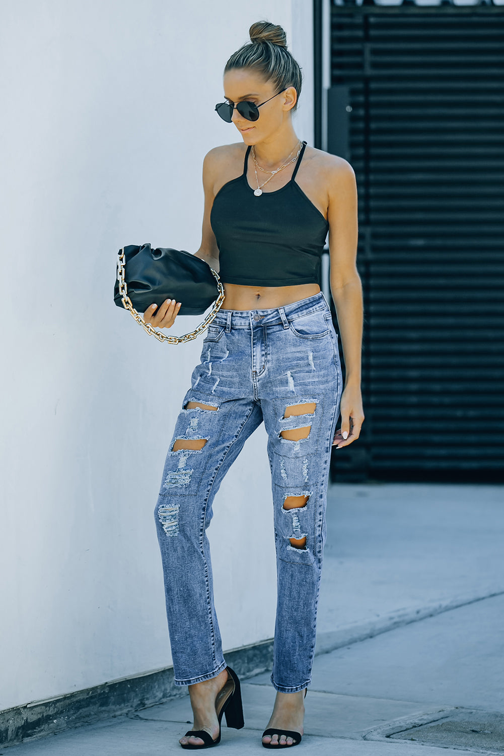 Women's Jeans Featuring Distressed Sky Blue Button-Front