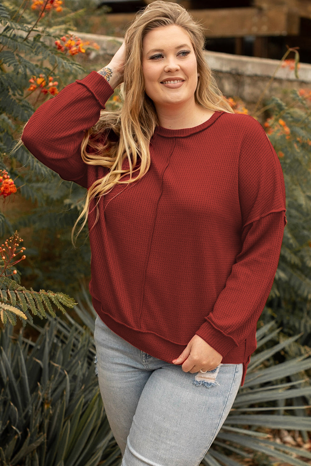 Top for Women Plus Size Waffle Knitted