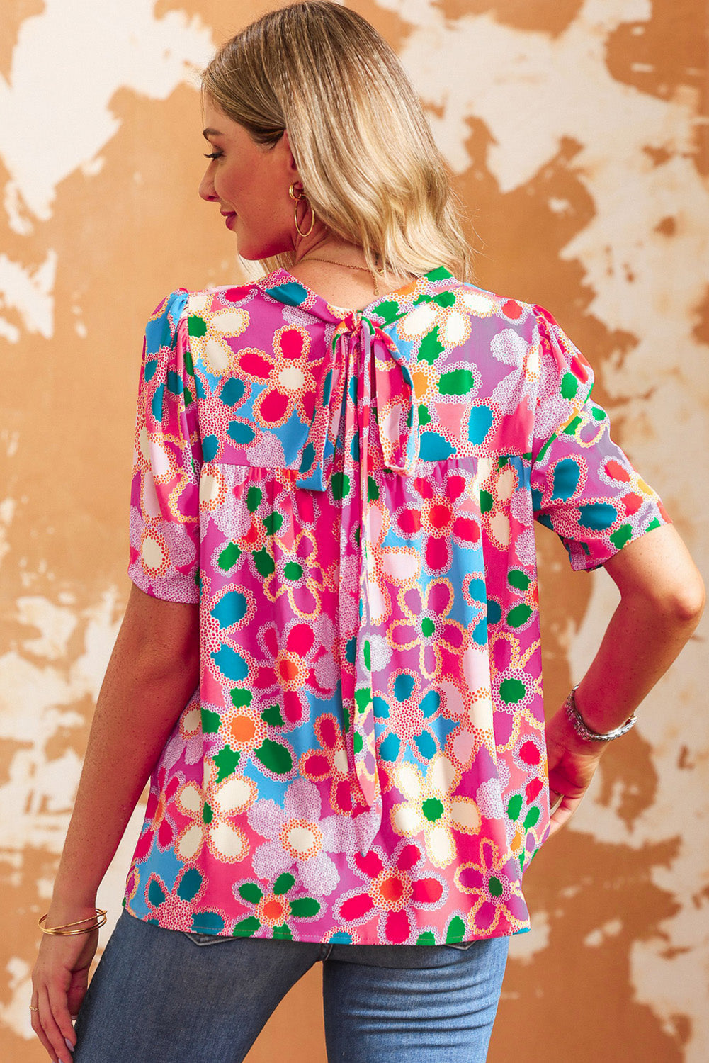 Women's Top Featuring Bohemian Flower Puff Short-Sleeve