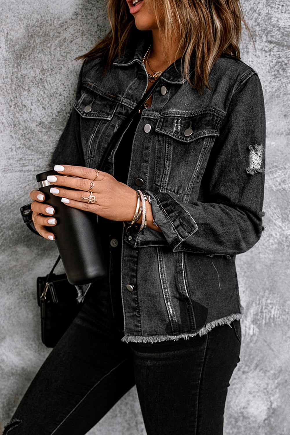 Lapel Hem Distressed Raw Buttons Denim Jacket