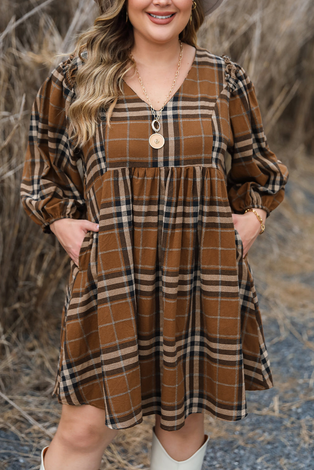 Women's Dress with Plus Size Babydoll Plaid V Neck