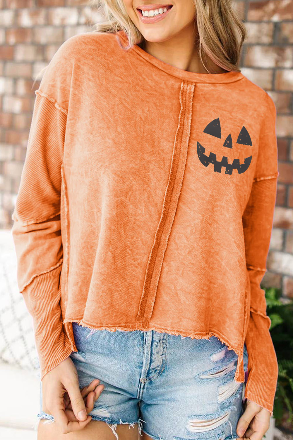 Women's Sweatshirt with Halloween Pumpkin Face Patchwork