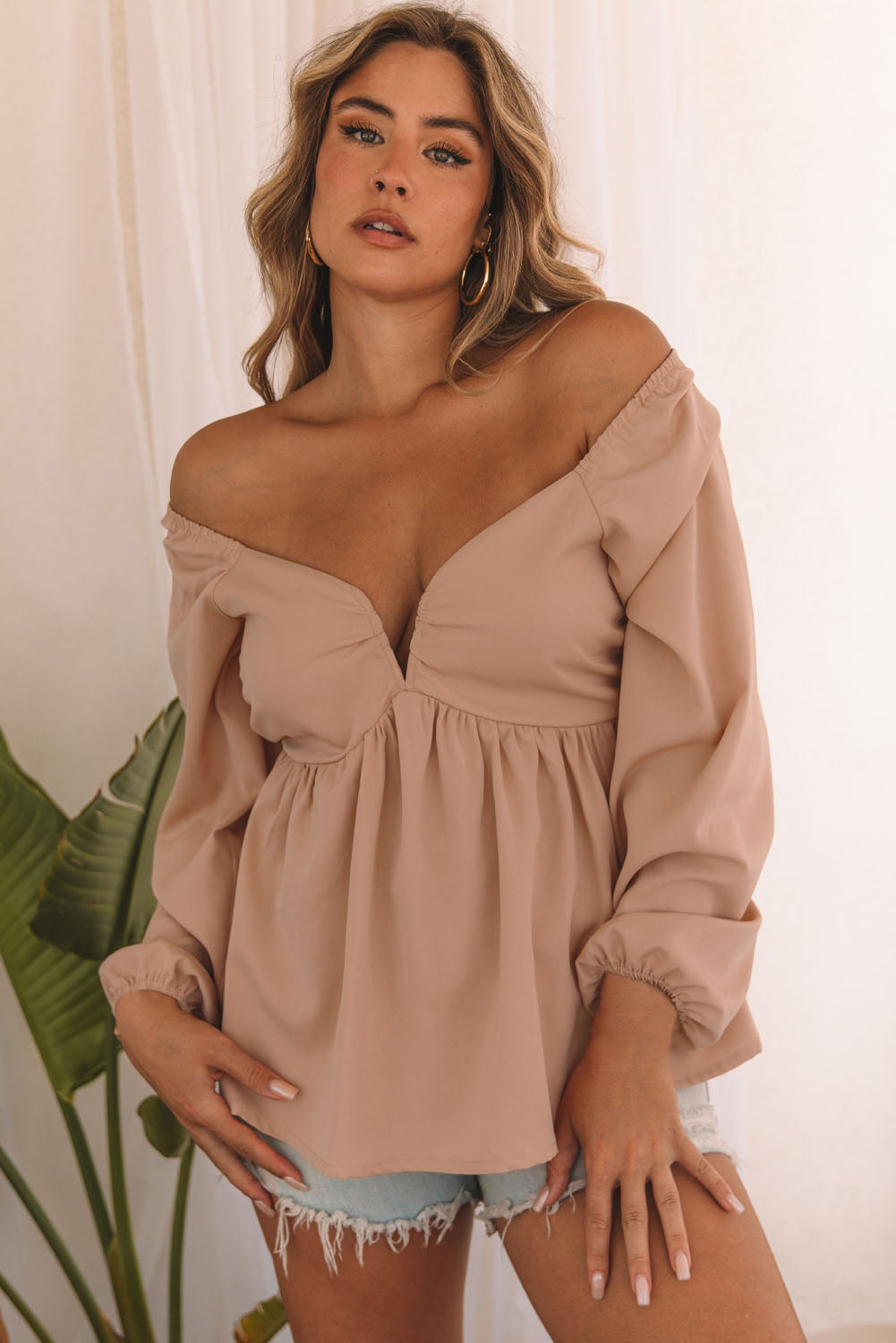 Women's Notched V Neck Shirred Back Peplum Blouse