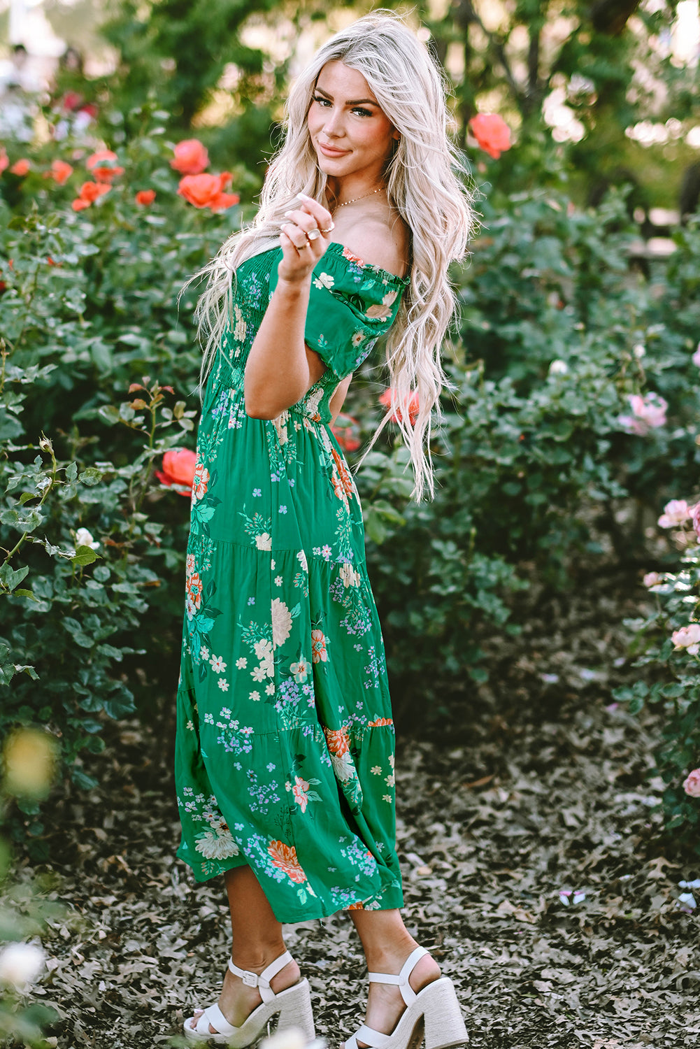 Women's Dresses Featuring Print Shirred Layered Midi Floral-Print