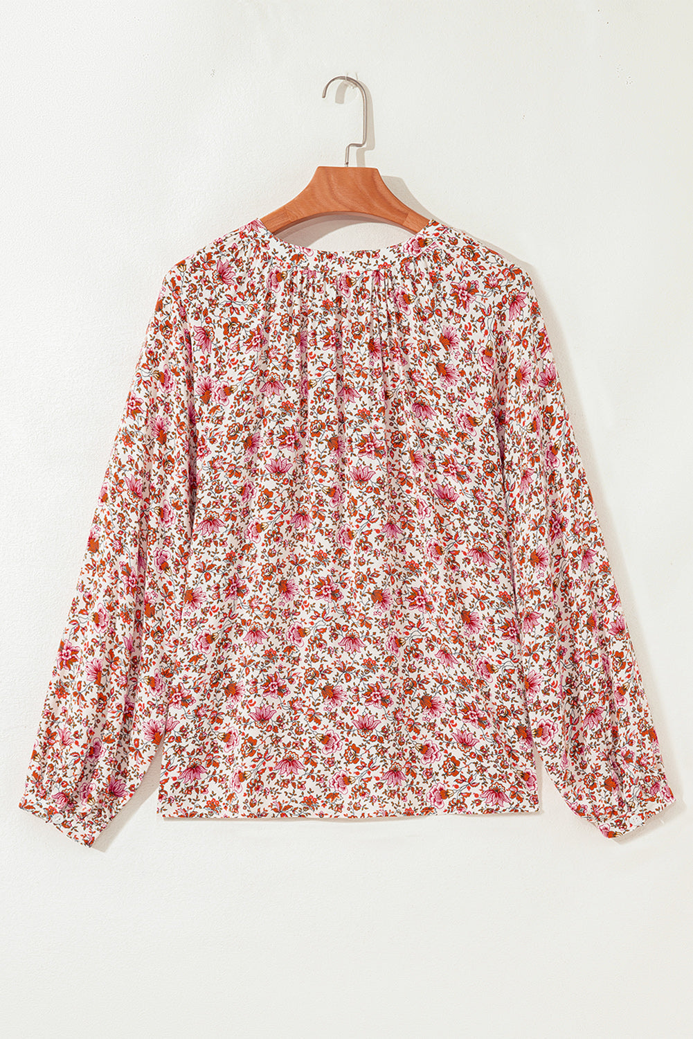 Floral-Print Notched Pleated Detail Neck Puff Sleeve Blouse