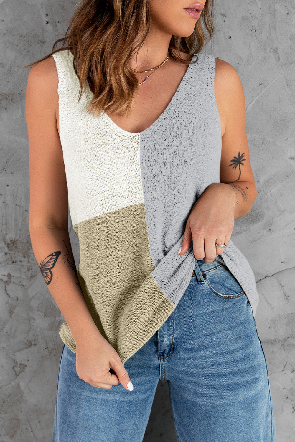 Women's Tank Top Featuring Color-Block Knitted
