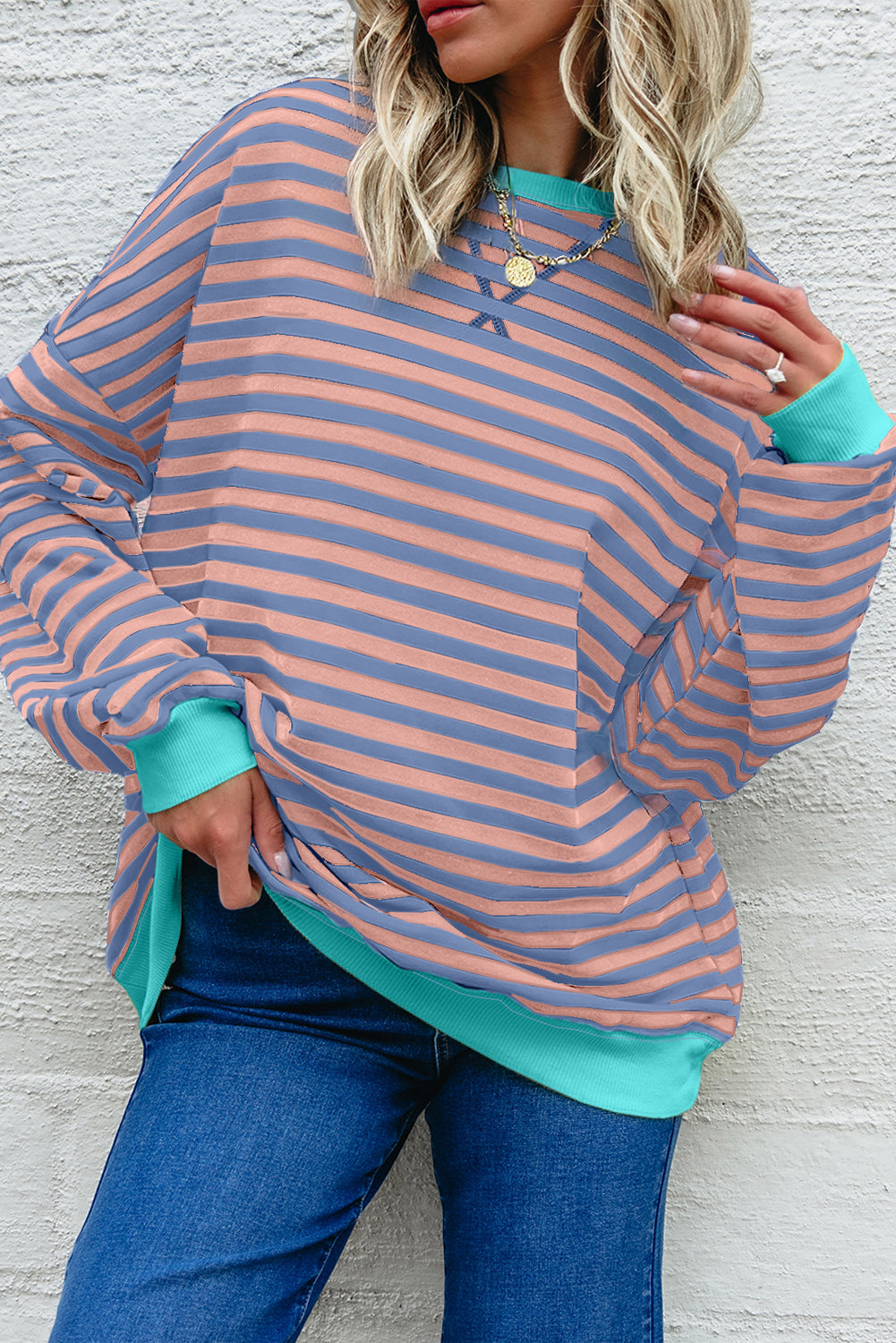 Rib-Knit Striped Contrast Trim Crossed Stitch Drop-Shoulder Sweatshirt