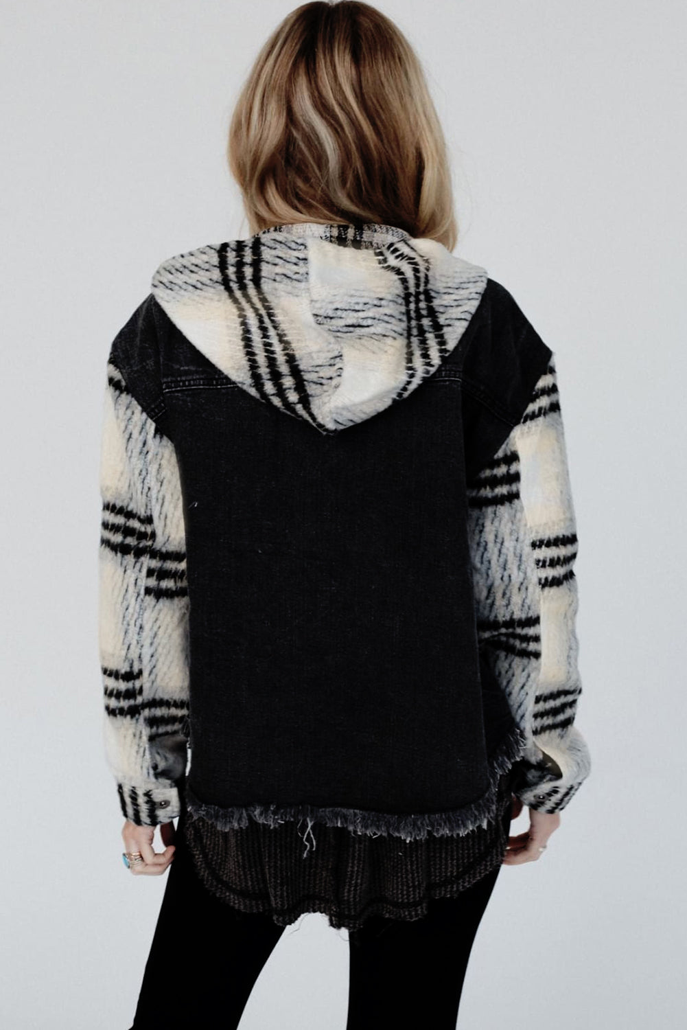 Denim Jacket with Plaid-Patterned Sleeve Frayed Hem Hooded