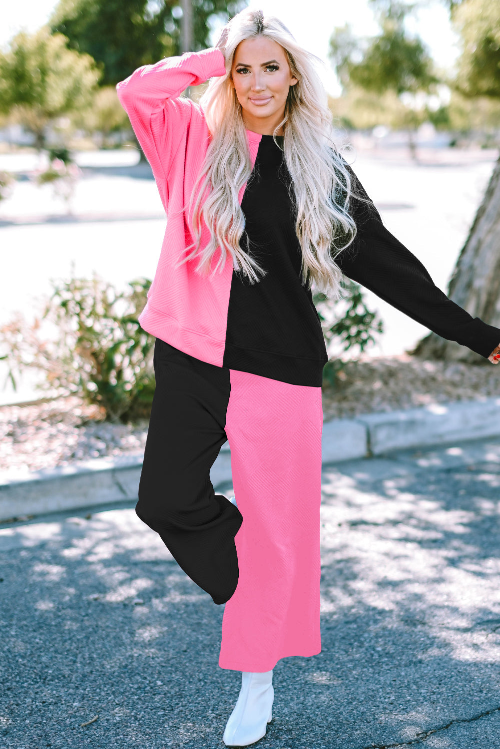 Women's Textured Everyday 2-Piece Contrast Color-Block Outfit
