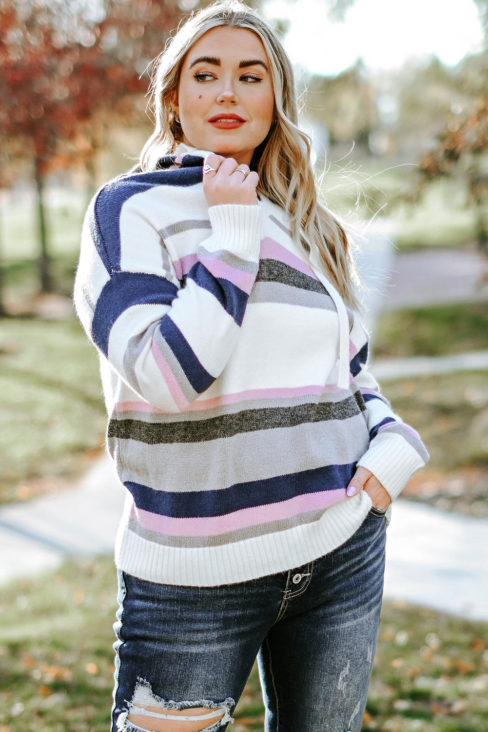 Women's Knit Sweater Featuring Striped Hooded Plus Size