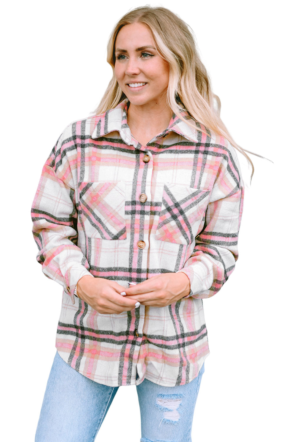 Women's Shacket Featuring Plaid Button Chest Pocket
