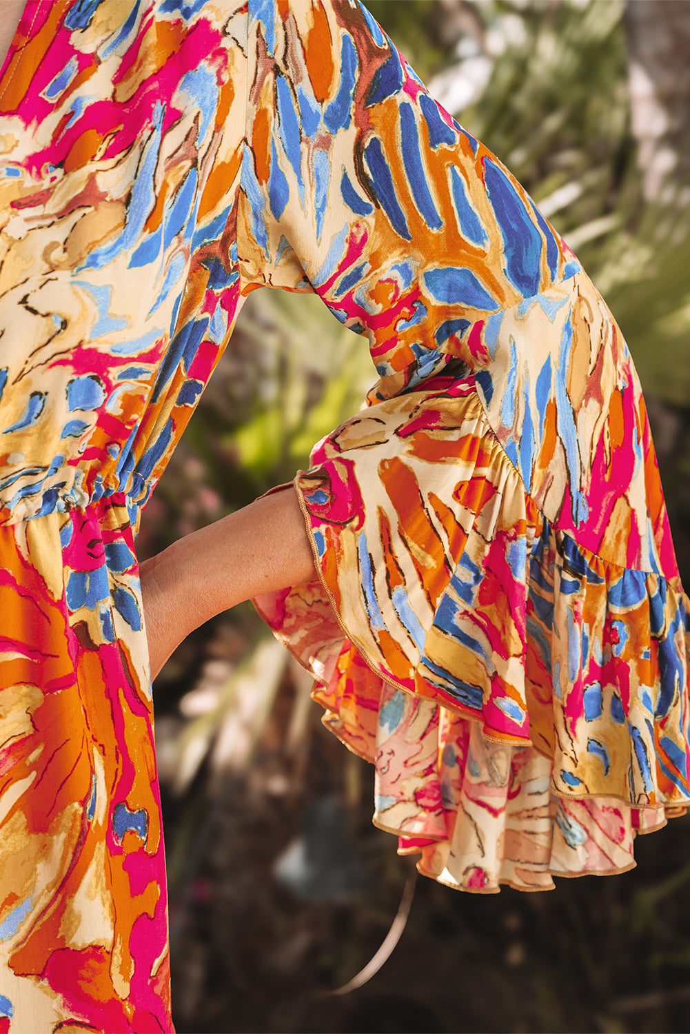Plant Print Flared Sleeve Ruffled Hem Tunic Flowy Dress