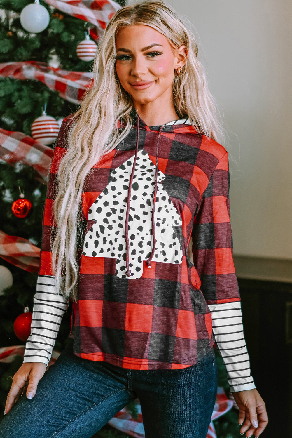 Women's Hoodie Featuring Plaid Christmas Tree Graphic-Print