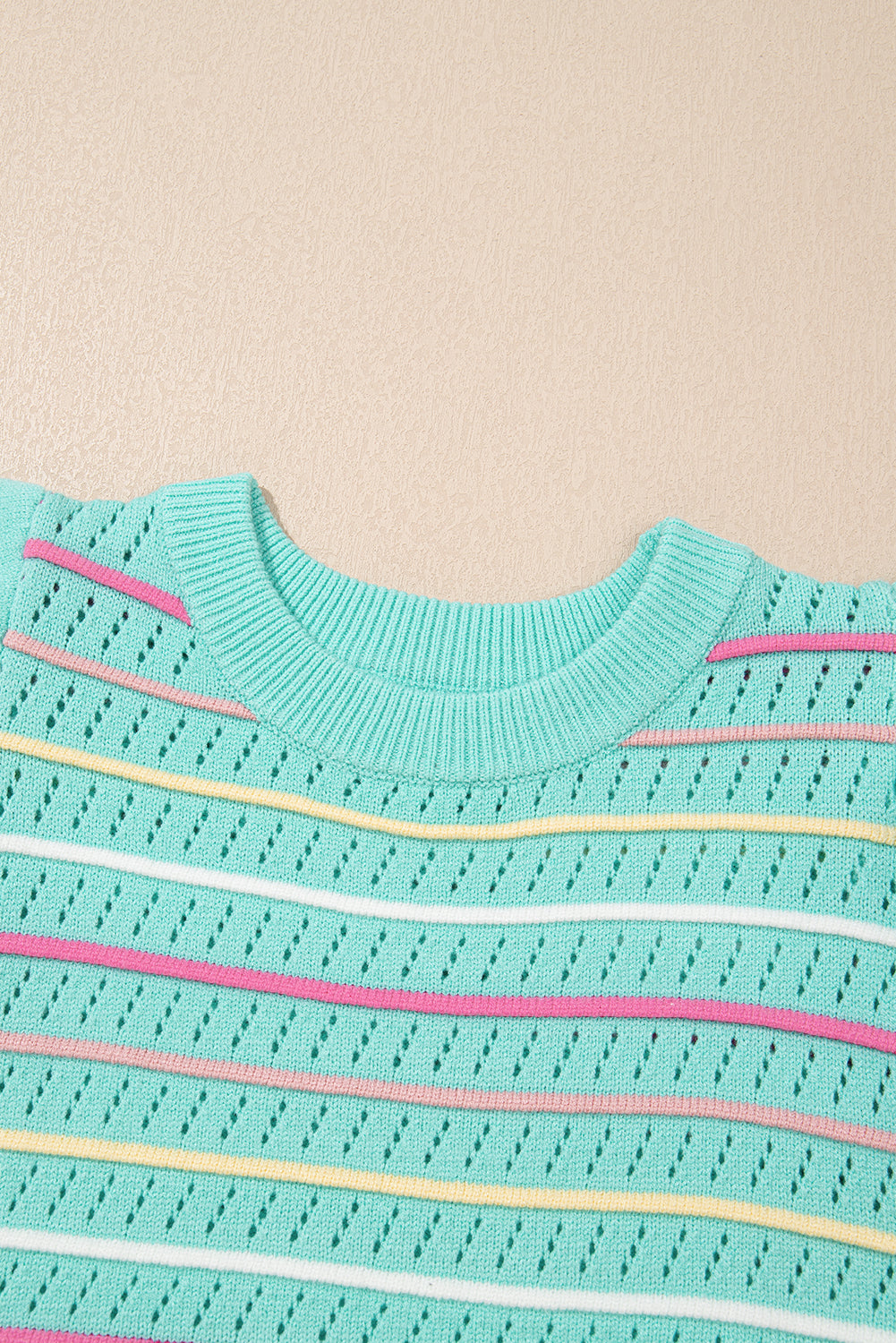 Colorful Striped Eyelet Knit Ruffled Sleeve Sweater T Shirt