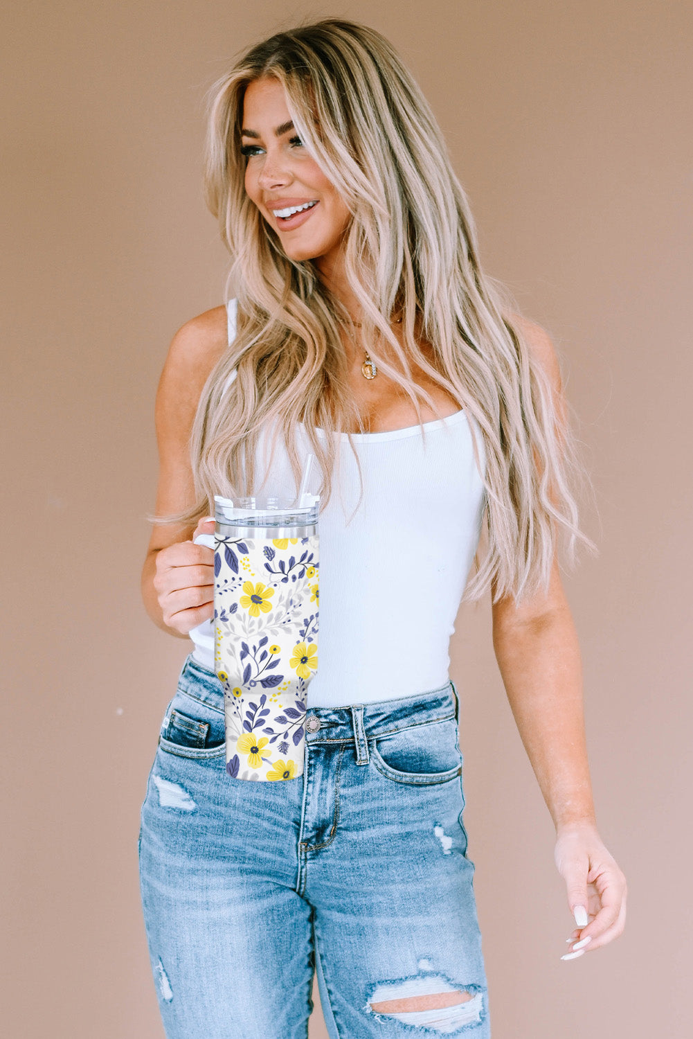 Print Stainless Flower Stainless Handled Large Tumbler 40oz