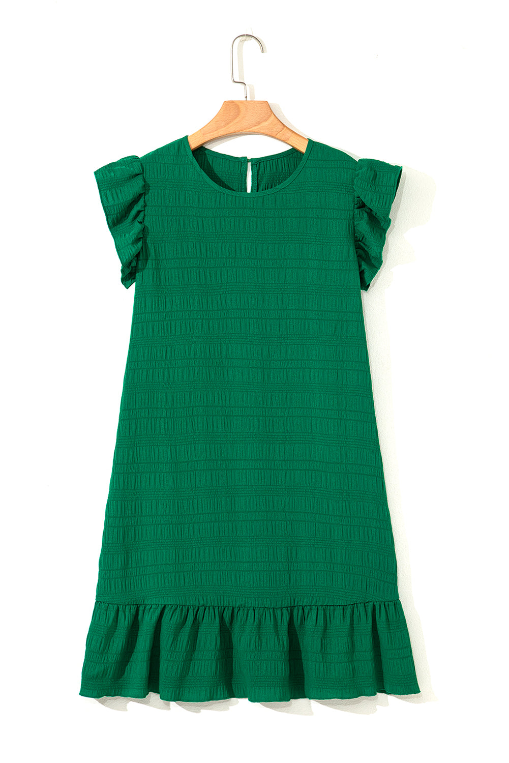 Textured Flutter Sleeve Ruffled Mini Dress in Green