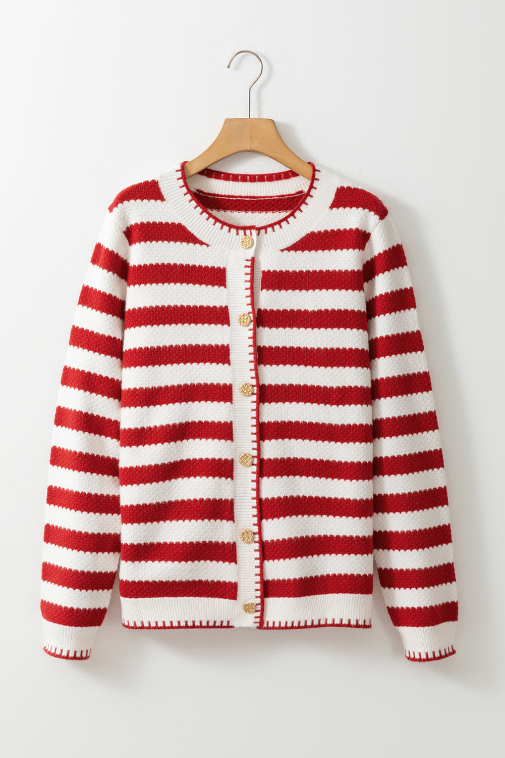 Stripe Button Polished Golden Cardigan Knit Top in Red
