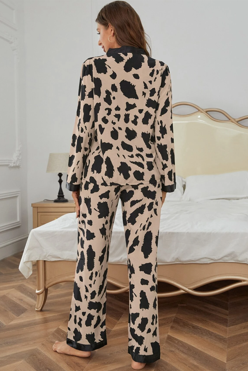 Contrast Trim Cheetah Trim Easy-Fit Fit 2-Piece Sleepwear