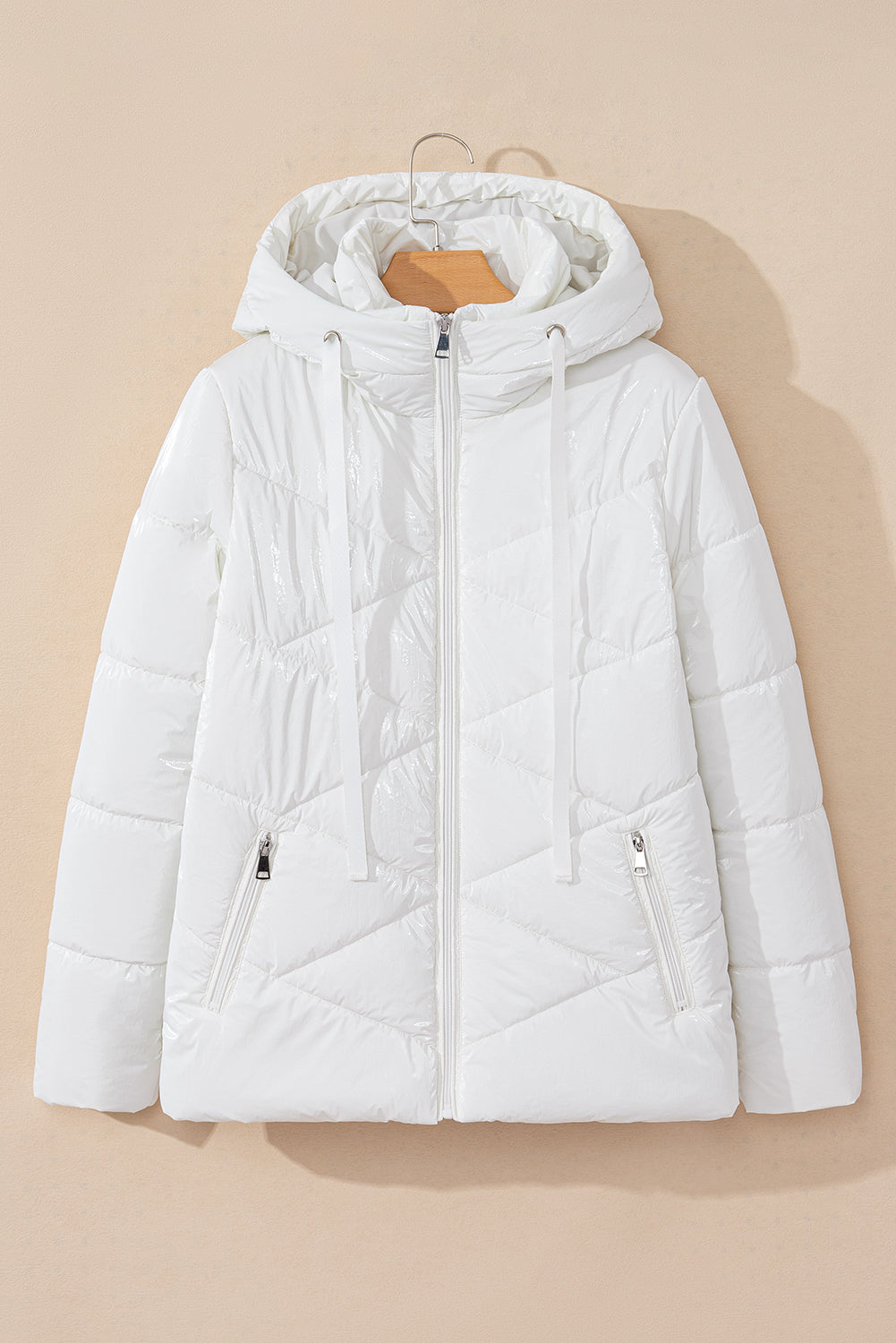 Solid Zip-Front Quilted Hooded Puffer Coat in White