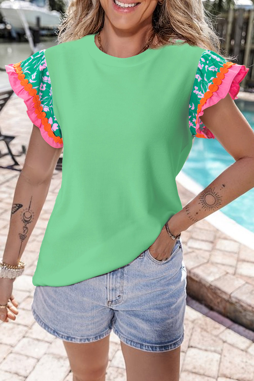 Women's Top with Sleeve Contrast Ricrac Floral-Print