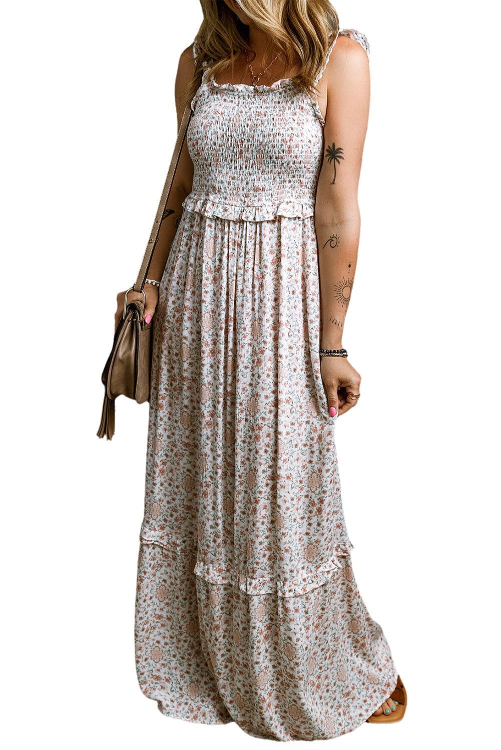 Women's Maxi Dress with Lace-Trimmed Straps Shirred Floral-Print