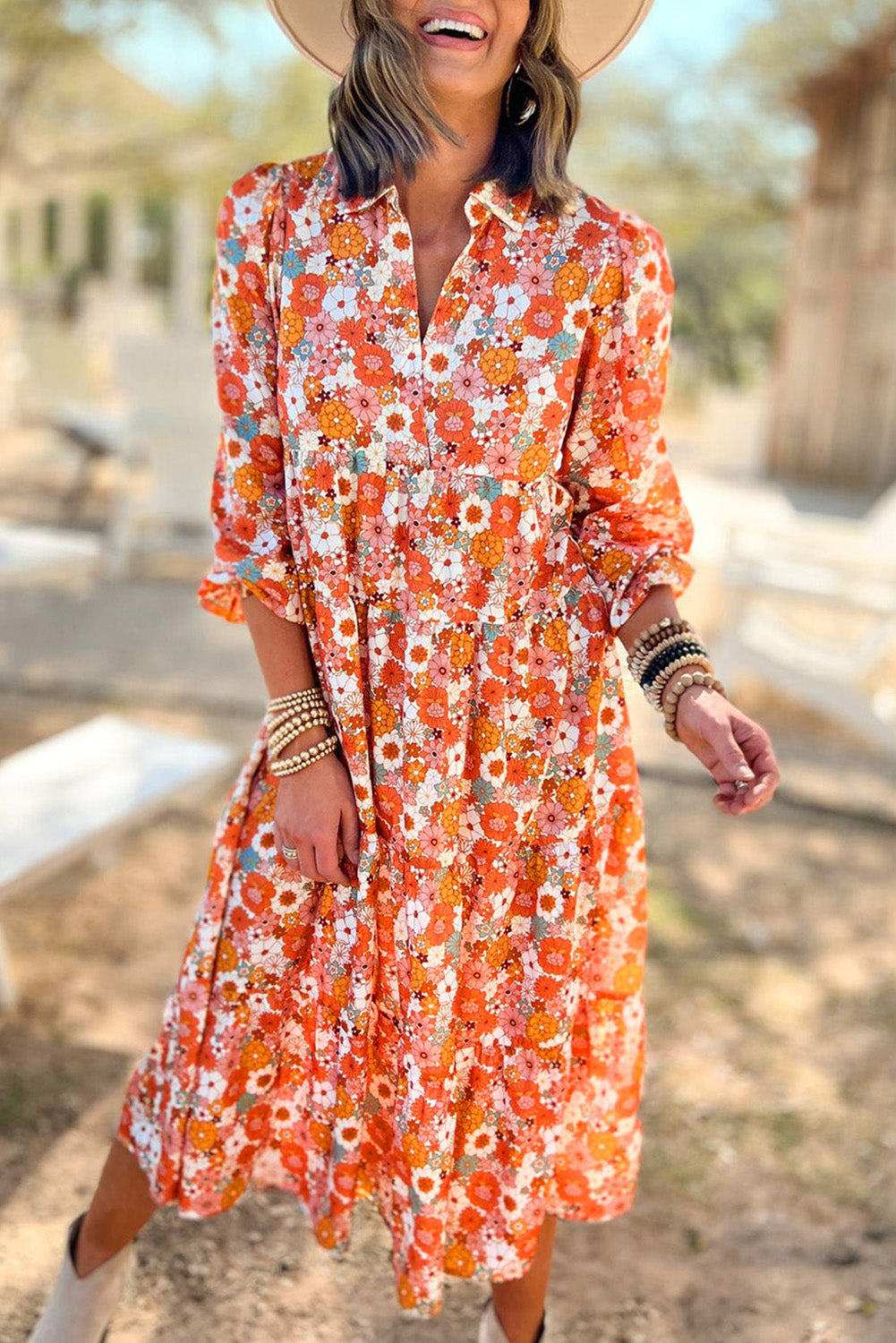 Dress for Women Collared Long-Sleeve Ruffle-Trimmed Bohemian