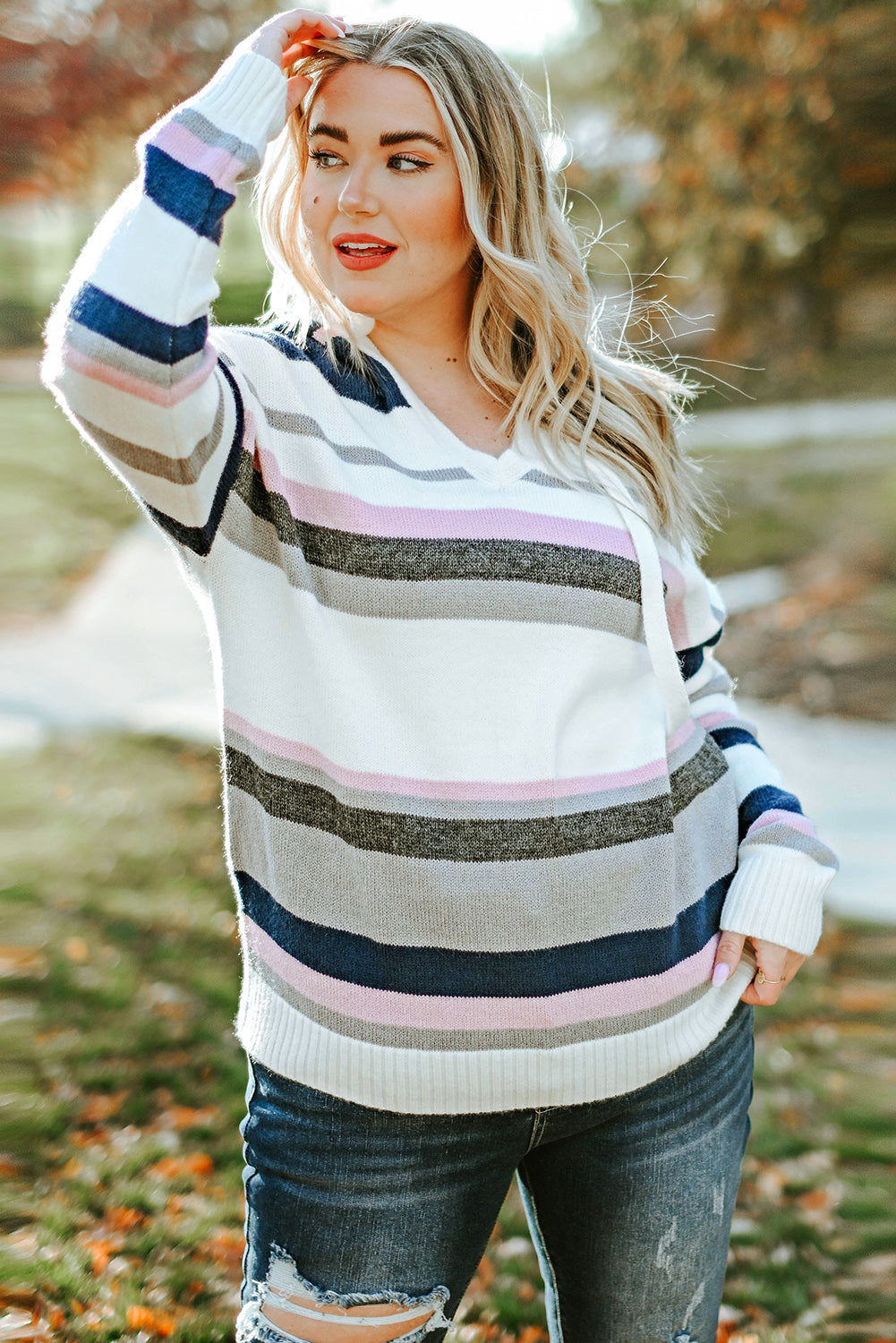 Women's Knit Sweater Featuring Striped Hooded Plus Size