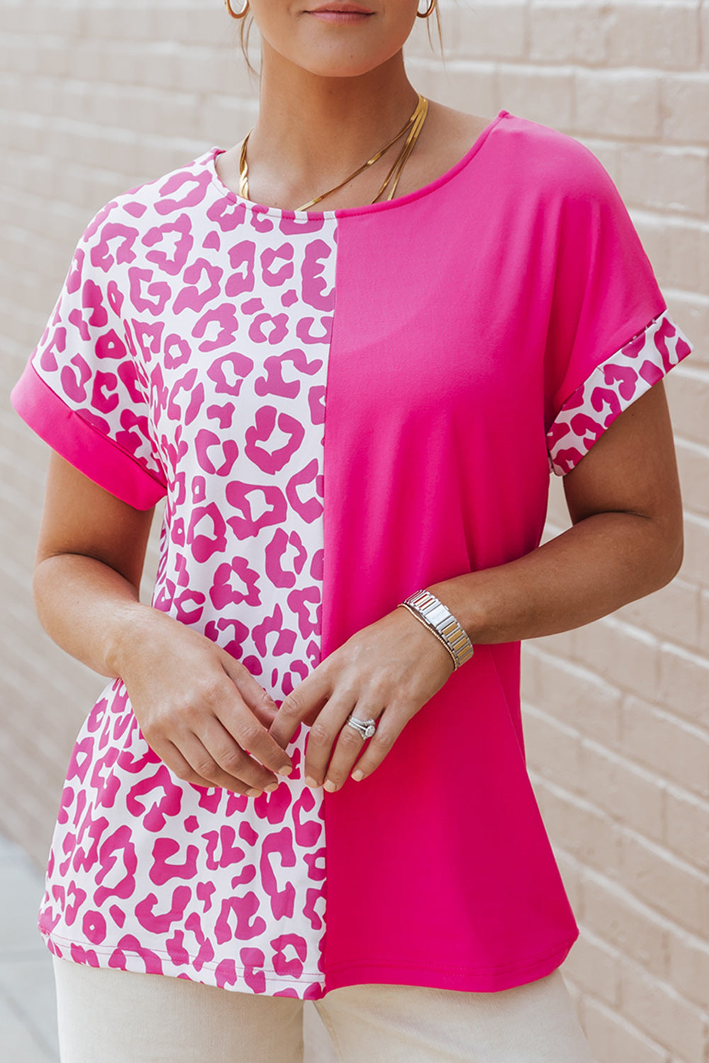 Women's Top with Patchwork Half Leopard-Print