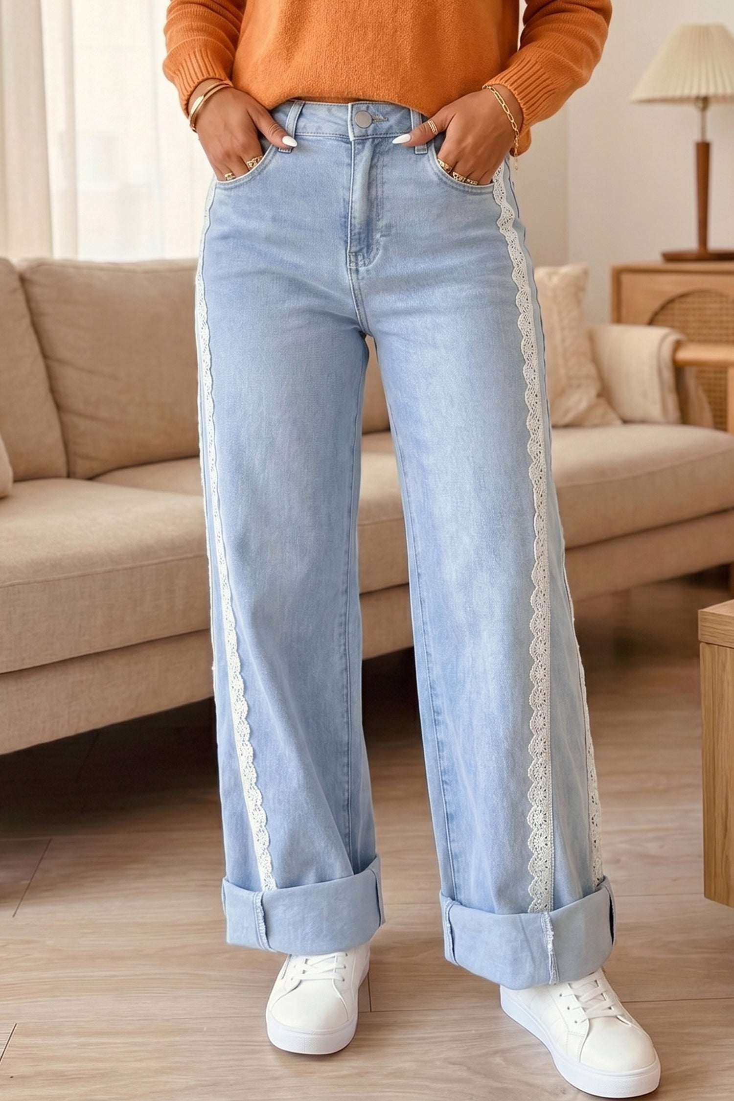 Lace Trim Everyday Full-Length Timeless Fit Jeans in Beau Blue